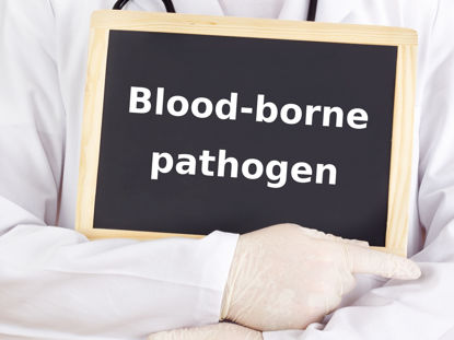 person holding board with Bloodborne pathogen on it