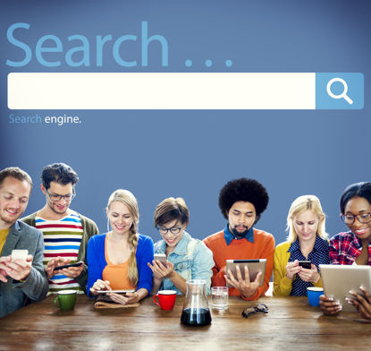 group of people at a table with a search bar over their heads